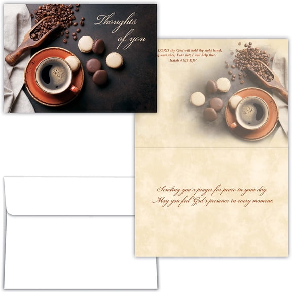 Shared Blessings Religious Thinking of You Greeting Card, Coffee Beans & Macaroons Design, KJV Scripture with Envelope, Inspirational Keepsake