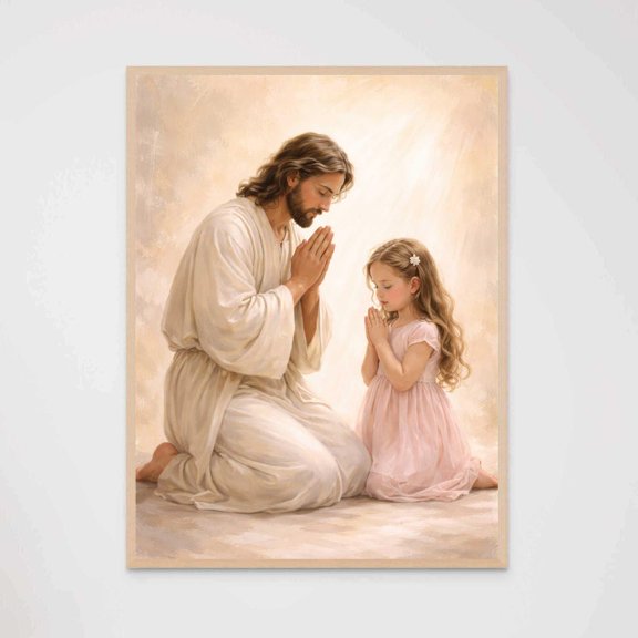 Shared Peace Jesus Praying With Girl Christian Wall Art Prints Bible Decor, Unframed Canvas 8x10in