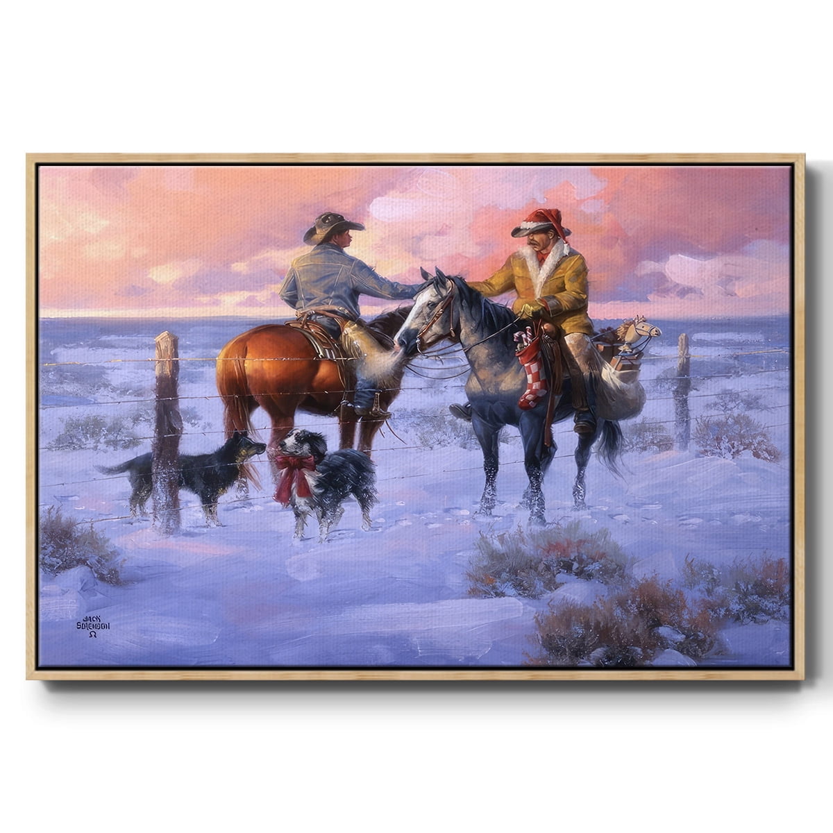 Sharin' Christmas with the Neighbors - Framed Gallery Wrapped Holiday Canvas - 27 x 41 - Natural Wood Frame
