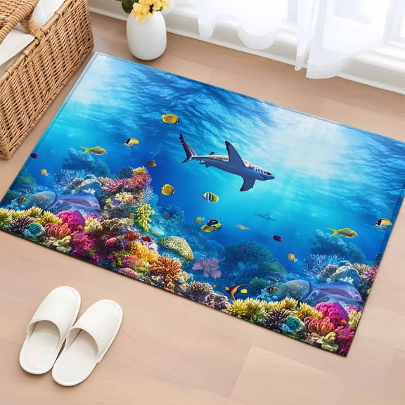 Shark 2'x3' Washable Rug, Blue Ocean Underwater Animal Coral Tropical Fish Non-Slip Soft Doormat Area Rugs for Entrance Bathroom Bedsides, Front Doormat Carpet for Kitchen Bedroom, Entryway Floor Mat