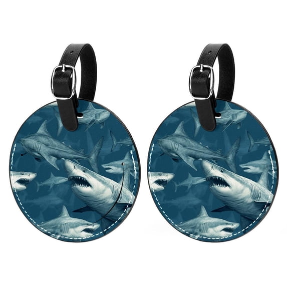 Shark 2pcs PU Leather Round Bag Tags with Privacy Cover and Name ID Tag - Suitcase Tags for Travel Luggage, Handbags, Backpacks, School Bags