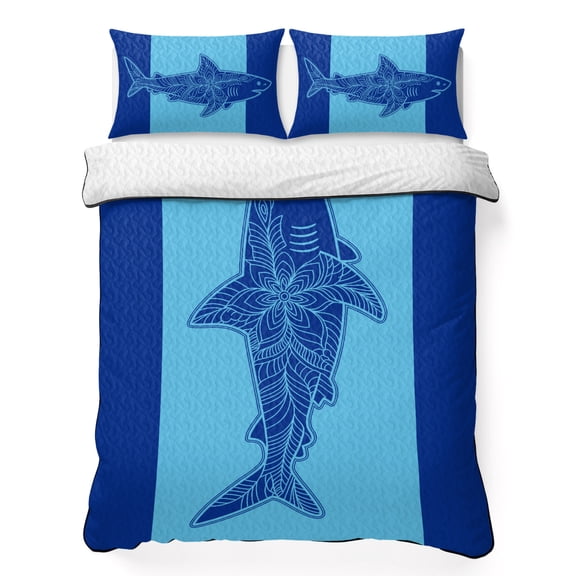 Shark 3 Piece Quilt Bedding Set with 2 Pillow Shams, Summer Beach Lightweight Bedspread Coverlet, Soft Breathable All Season Quilt, 90 x 96 Inch