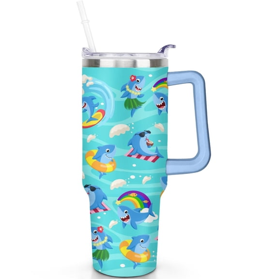 Shark 40 oz Tumbler, Straw Handle 40oz Shark Theme Tumbler, LeakProof Lid Double Wall Insulated Trending Shark Gifts Travel Accessories Must Have
