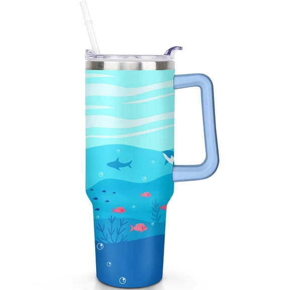 Shark 40 oz Tumbler, Straw Handle 40oz Shark Theme Tumbler, LeakProof Lid Double Wall Insulated Trending Shark Gifts Travel Must Haves