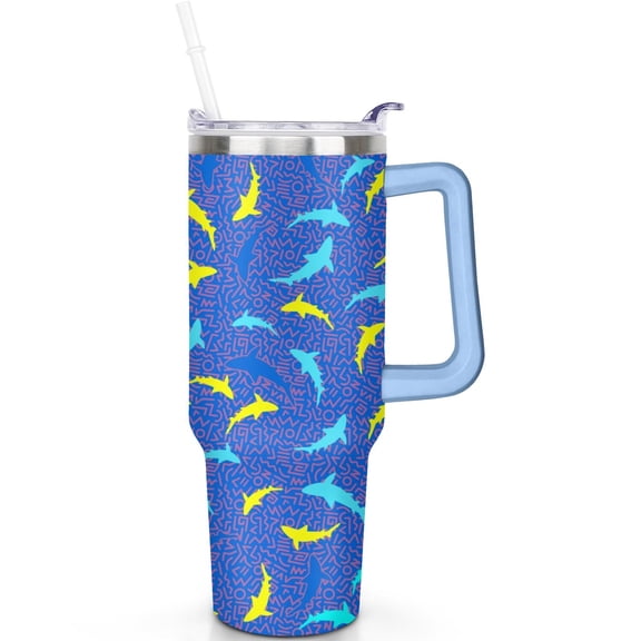 Shark 40oz Tumbler with Handle Outdoor Travel 40 oz Shark Theme Tumbler Spill Proof Lid Straw Double Insulated