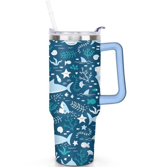 Shark 40oz Tumbler with Handle, Straw 40 oz Shark Theme Tumbler, LeakProof Lid Double Wall Insulated Shark Gifts Travel Must Haves