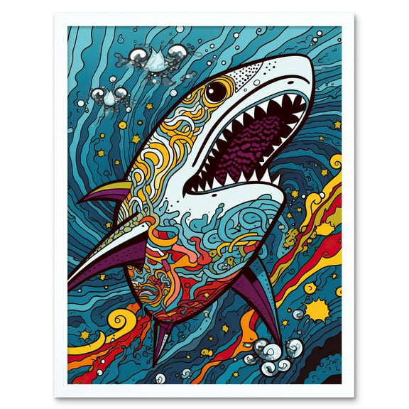 Shark Acrylic Painting Colourful Psychedelic Patterns Aquatic Animal Pop Art Art Print Framed Poster Wall Decor 12x16 inch
