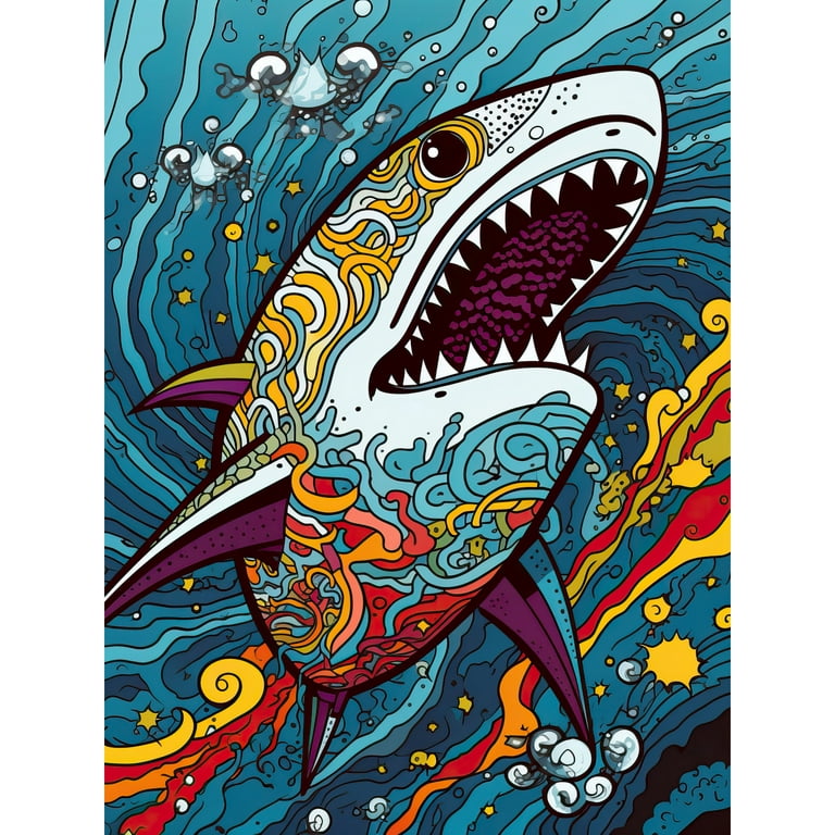 Shark Acrylic Painting Colourful Psychedelic Patterns Aquatic Animal Pop  Art Large Wall Art Poster Print Thick Paper 18X24 Inch 