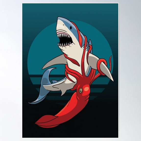 Shark And Squid Poster Wall Art, Modern Wall Decor For Living Room Bedroom, 8x12 UNFRAMED