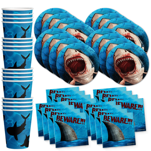 Shark Attack! Birthday Party Supplies Set Plates Napkins Cups Tableware Kit for 16