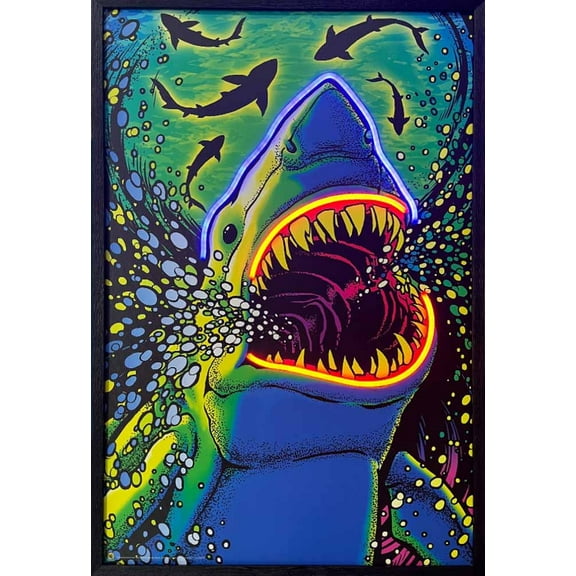 Shark Attack Framed LED Neon Light Canvas Print - 24" x 36"