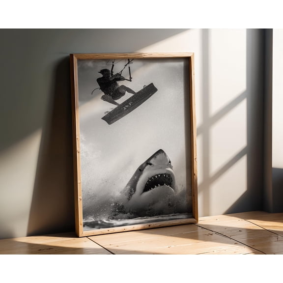 Shark Attack Surf Wall Art Extreme Ocean Man Cave Decor , Poster Print Only