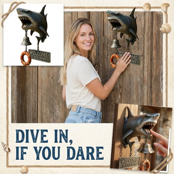Shark Attack Wall Bell, 7.87 Inch Vintage Metal Door Knocker with Lifebuoy and Welcome Sign, Perfect for Ocean Themed Home Bar Patio Decoration