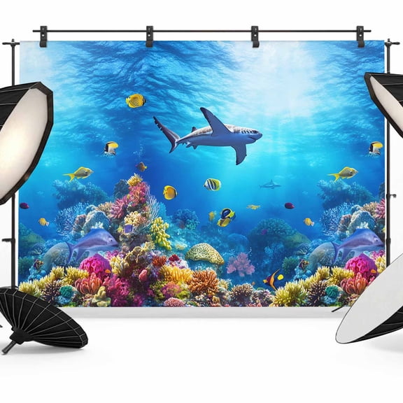 Shark Backdrop for Photoshoot,Photography Photo Studio Background Wall Backdrop,Blue Ocean Underwater Animal Coral Tropical Fish Back Drop Banner Panel for Portraits Wedding Live Streaming 7x5Ft