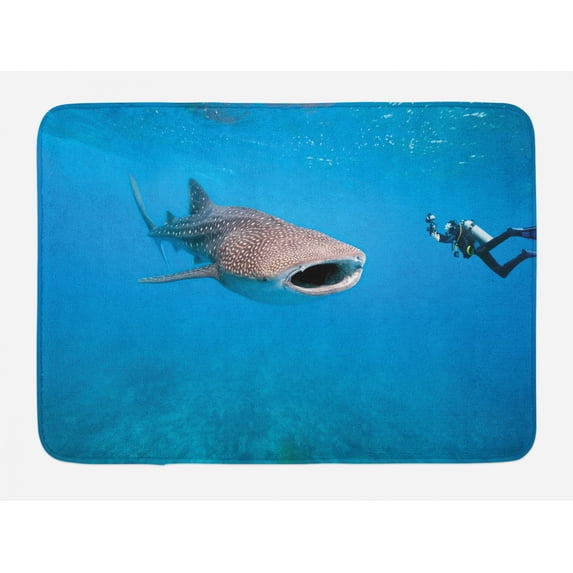 Shark Bath Mat, Giant Whale Shark and Underwater Photographer in Wildlife Diving Image, Non-Slip Plush Mat Bathroom Kitchen Laundry Room Decor, 29.5 X 17.5 Inches, Violet Blue Pale Grey, Ambesonne