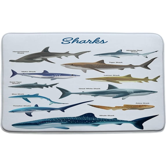 Shark Bath Mat Ocean Themed Fish Marine Sealife Boys Teens Various Sharks Blue Bath Rugs for Bathroom Kitchen,17.8"x29.5" and 16"x48"