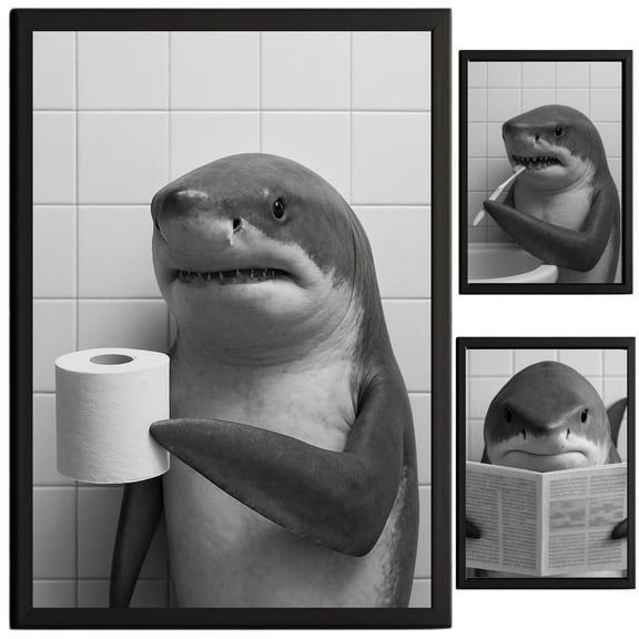TheNameStore Shark Bathroom Decor Wall Art Farmhouse Photo Picture Set 3pk 8.5x11