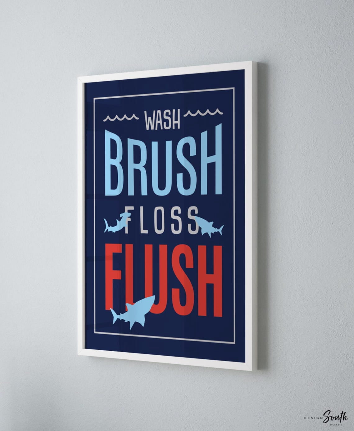 Shark Project Drawings Shark Bathroom Routine Wall Art Print, Wash Brush Floss Flush, Coastal ...
