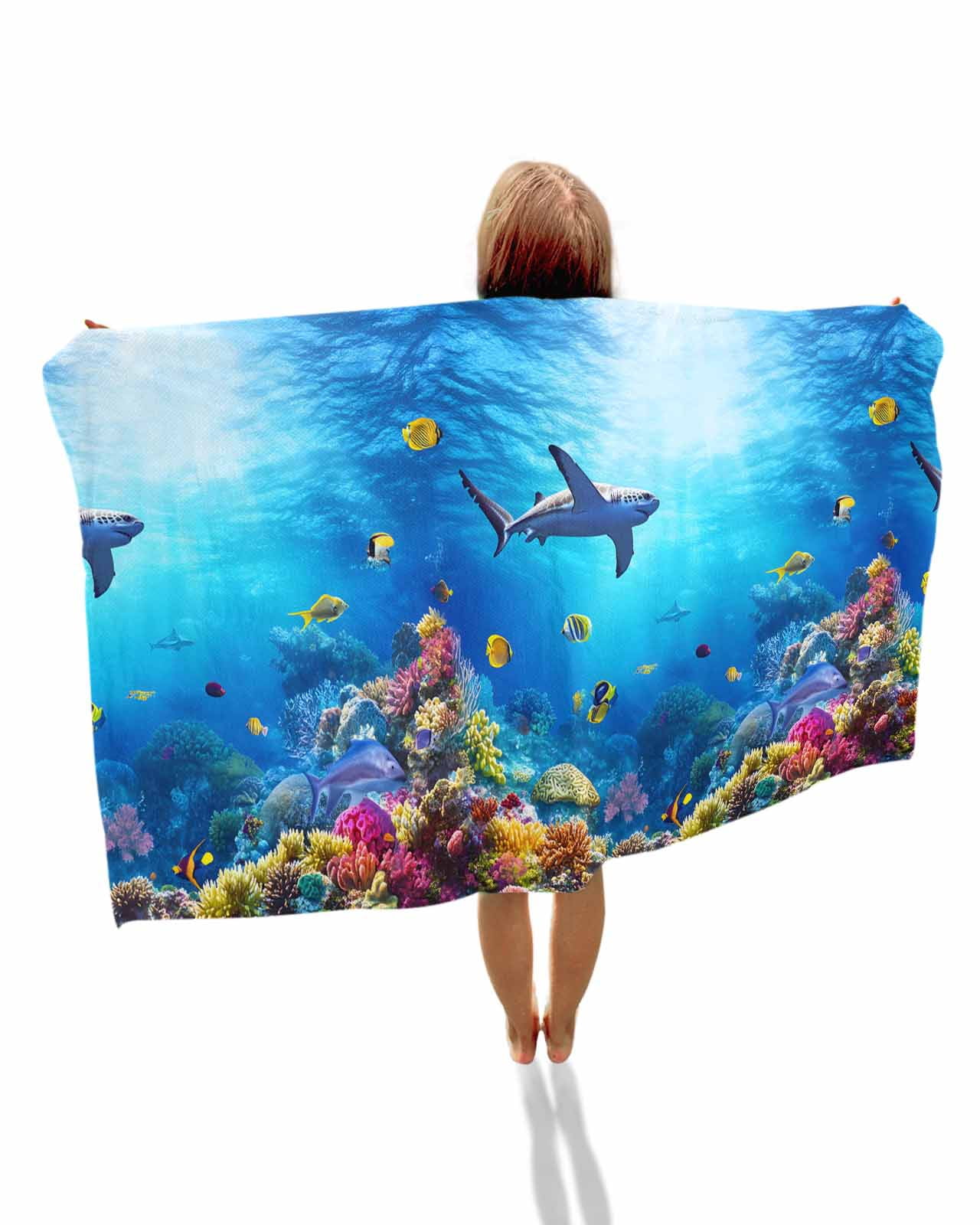 Shark Beach Towels Oversized Super Absorbent, Blue Ocean Underwater Animal Coral Tropical Fish Lightweight Bath Towel Quick Dry Sets For Bathroom/Pool/Rv Camping/Beach Play/Gym Room/Picnic 23"x47"