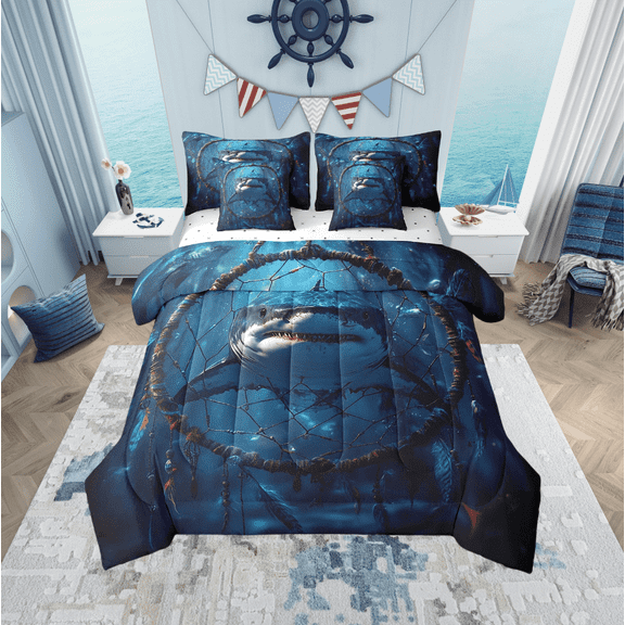 Shark Bed in a Bag Queen Comforter Set 7 Piece,Dream Catchers Bedding Sets,Boho Feather Ocean Fish Sheet Set with Comforter Nautical Sea Animals Bed Set,Exotic Bohemian Decor