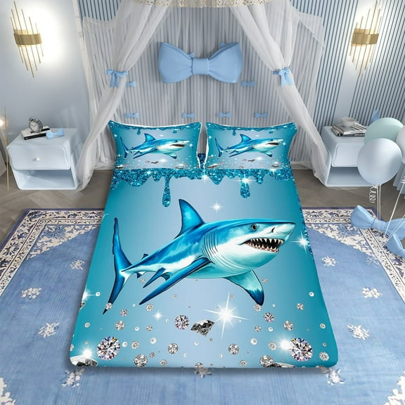 Shark Bed Sheets Set Blue Sequin Fluid Art Sheet Set Twin,CrErosebridalal Diamond Sheets Nautical Sea Animal Fitted Sheet,Coastal Creature Ocean Decor