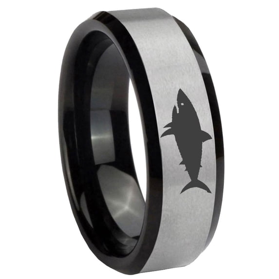Shark Beveled Edge Gray And Black Tungsten Men Ring 10MM