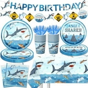 Shark Birthday Party Decorations, 142Pcs Shark Birthday Supplies Tableware Set Includes Plates and Napkins, Cups, Banner, Tablecloth for Baby Shower Ocean Shark Under The Sea Theme Party Supplies
