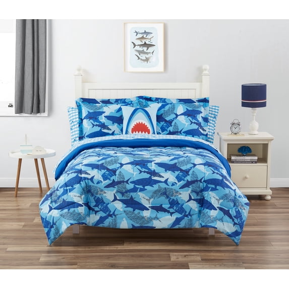 Shark Bite Dark Blue 8 Piece Microfiber Comforter Set - Full