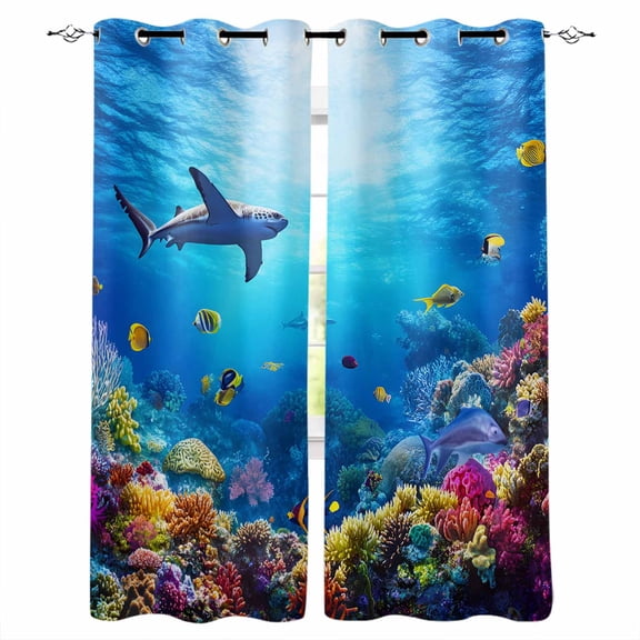 Shark Blackout Curtains 39 Inches Long for Bedroom, Blue Ocean Underwater Animal Coral Tropical Fish Thermal Insulated Room Darkening Black Out Window Curtain Panels Grommet Drapes for Living Room