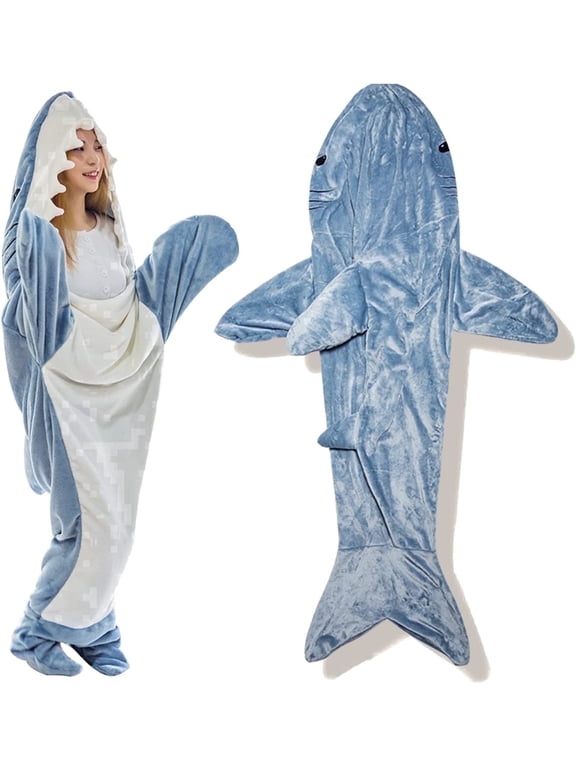 Shark Blanket Hoodie Onesie, Blue Wearable Sleeping Bag for Adults, Soft Cozy Costume, M