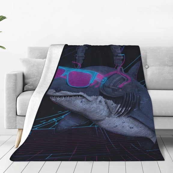 Shark Blanket Artistic Neon Grid Headset Design, Decorative Cozy Flannel Throw For Sofa, Vibrant Cyber Art Home Decor 50x40