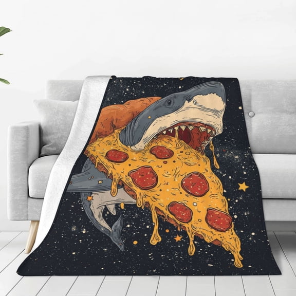 Shark Blanket Artistic Space Pizza Pepperoni Design, Decorative Cozy Flannel Throw For Sofa, Unique Pop Art Home Decor 60x50