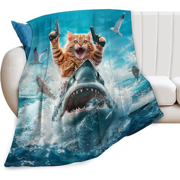 Shark Blanket Funny Cat Throw Blanket Cozy Fleece Flannel Bedding Shark Gifts for Boys Girls Men Women Adults Lovers Stuff Plush for Couch Sofa Bed Room Decor 50"X60"