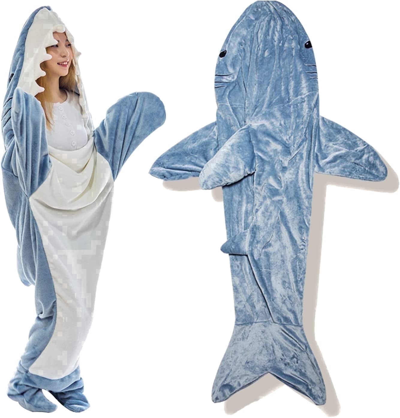 Shark Blanket Hoodie Onesie, Blue Wearable Sleeping Bag for Adults, Soft Cozy Costume, L