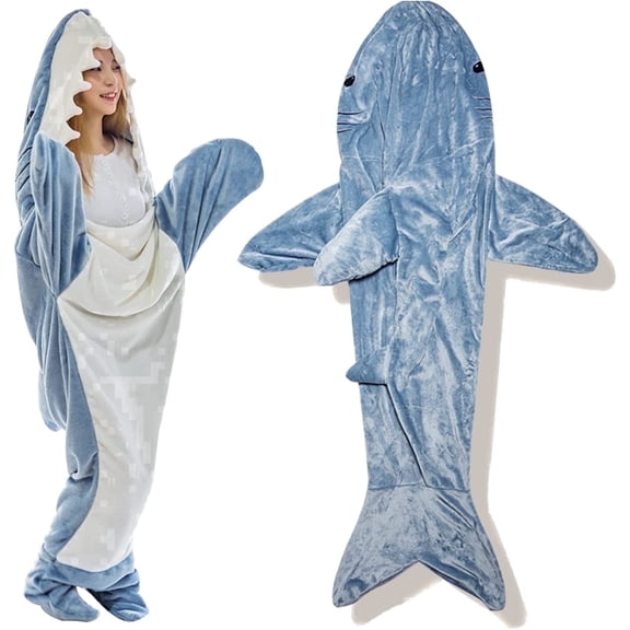 Shark Blanket Hoodie Onesie, Blue Wearable Sleeping Bag for Adults, Soft Cozy Costume, L