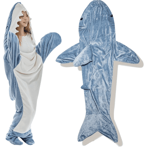 Shark Blanket Hoodie Onesie, Blue Wearable Sleeping Bag for Adults and Kids, Soft Cozy Costume, M