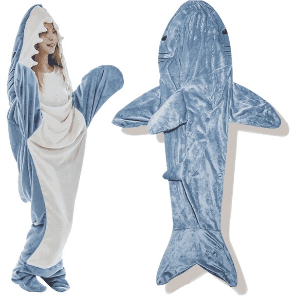 Shark Blanket Hoodie Onesie, Blue Wearable Sleeping Bag for Adults, Soft Cozy Costume, XL