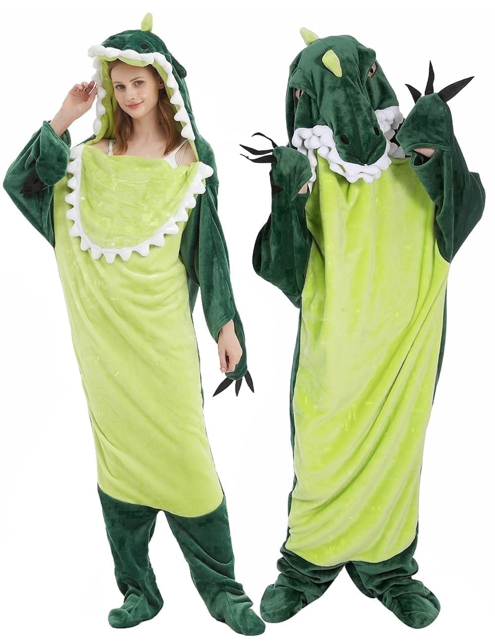 Shark Blanket Hoodie Onesie, Green Wearable Sleeping Bag for Adults, Soft Cozy Costume, L