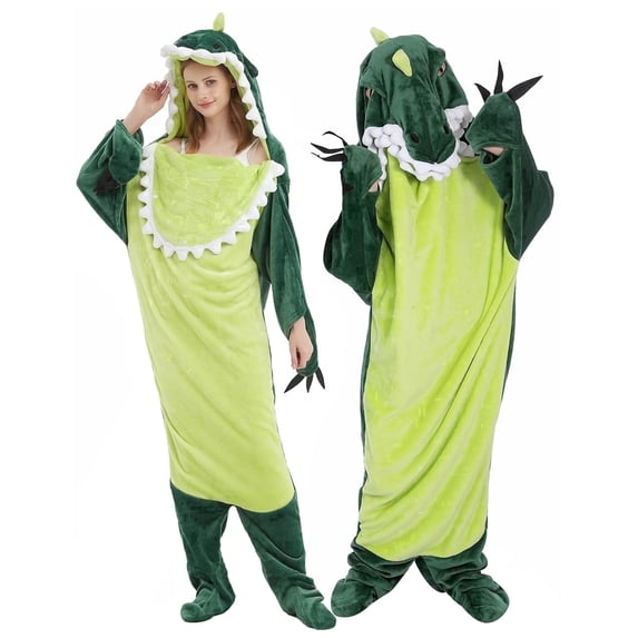 Shark Blanket Hoodie Onesie, Green Wearable Sleeping Bag for Adults, Soft Cozy Costume, XL