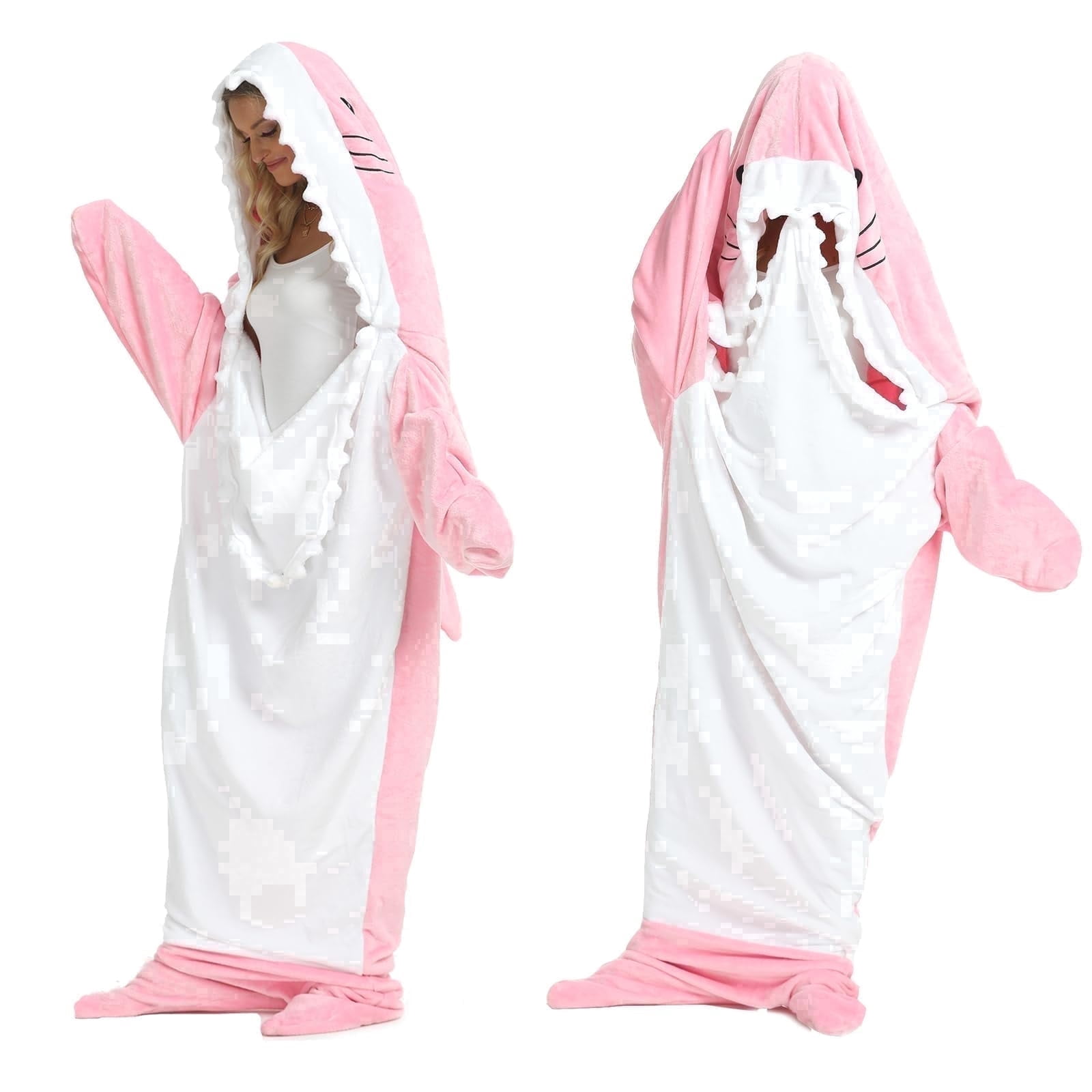Shark Blanket Hoodie Onesie, Pink Wearable Sleeping Bag for Adults, Soft Cozy Costume, XL