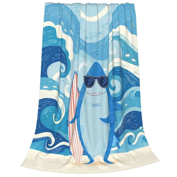 Shark Blanket Surfing Surfboard Sunglasses, Soft Cozy Flannel Throw For Couch And Sofa, Beach Coastal Home Decor 50x40