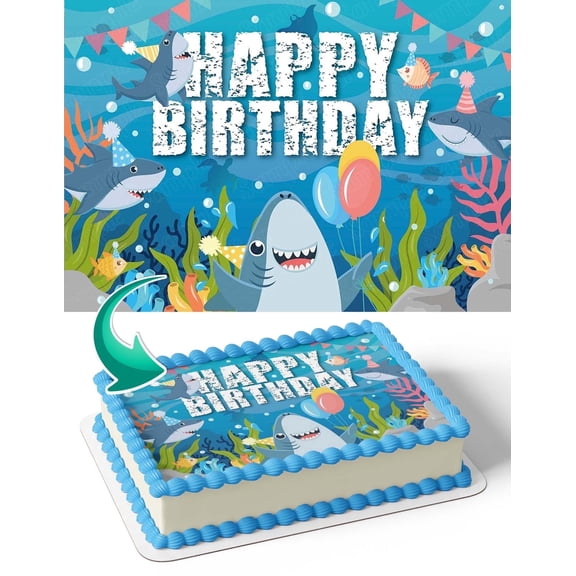 Shark Boy Sea Girl Edible Image Icing Cake Topper for Quarter Sheet Cake, by TNCT