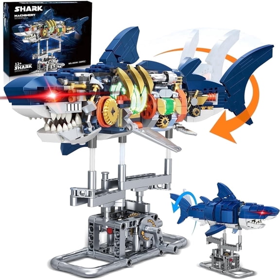 Shark Building Block Set, Sea Animal Building Blocks STEM Toys, with Swivelling Body and Light，with Display Stand for Adults, Marine and Mechanical Enthusiasts