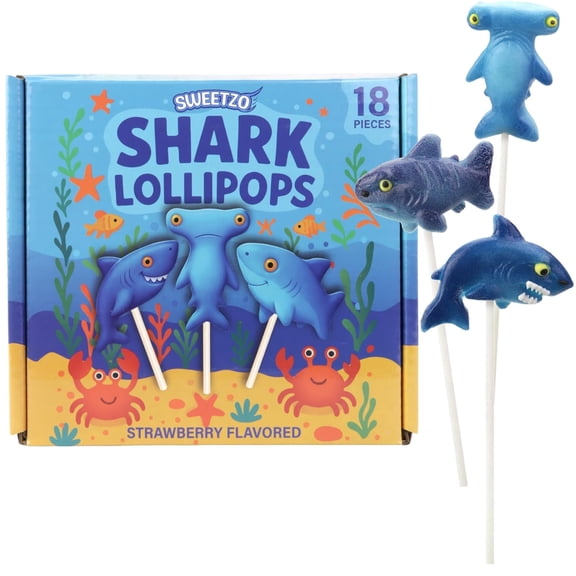 Shark Candy Lollipops, Ocean and Under the Sea Themed Suckers, Birthday Party Candy, 18 Count, 10 Ounce Box