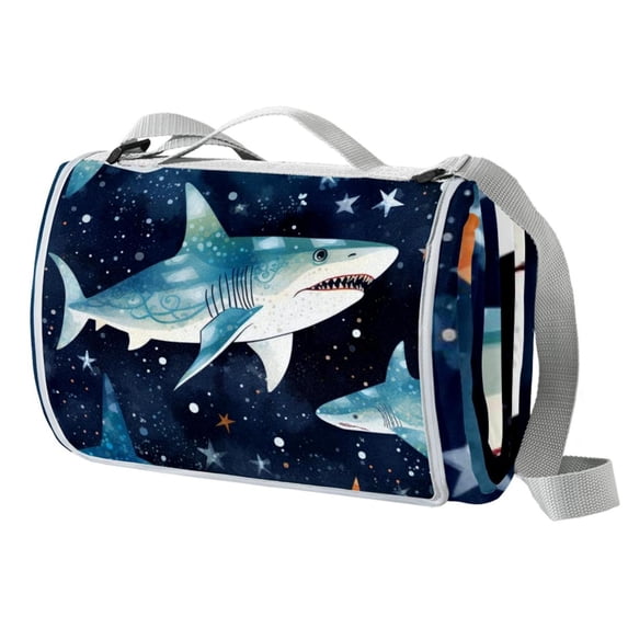 Shark Canvas Picnic Blanket Waterproof Backing, Large Outdoor Mat for Beach, Park, Camping - Foldable, Portable, Durable Material for Picnics, BBQs, Concerts - 200x200cm