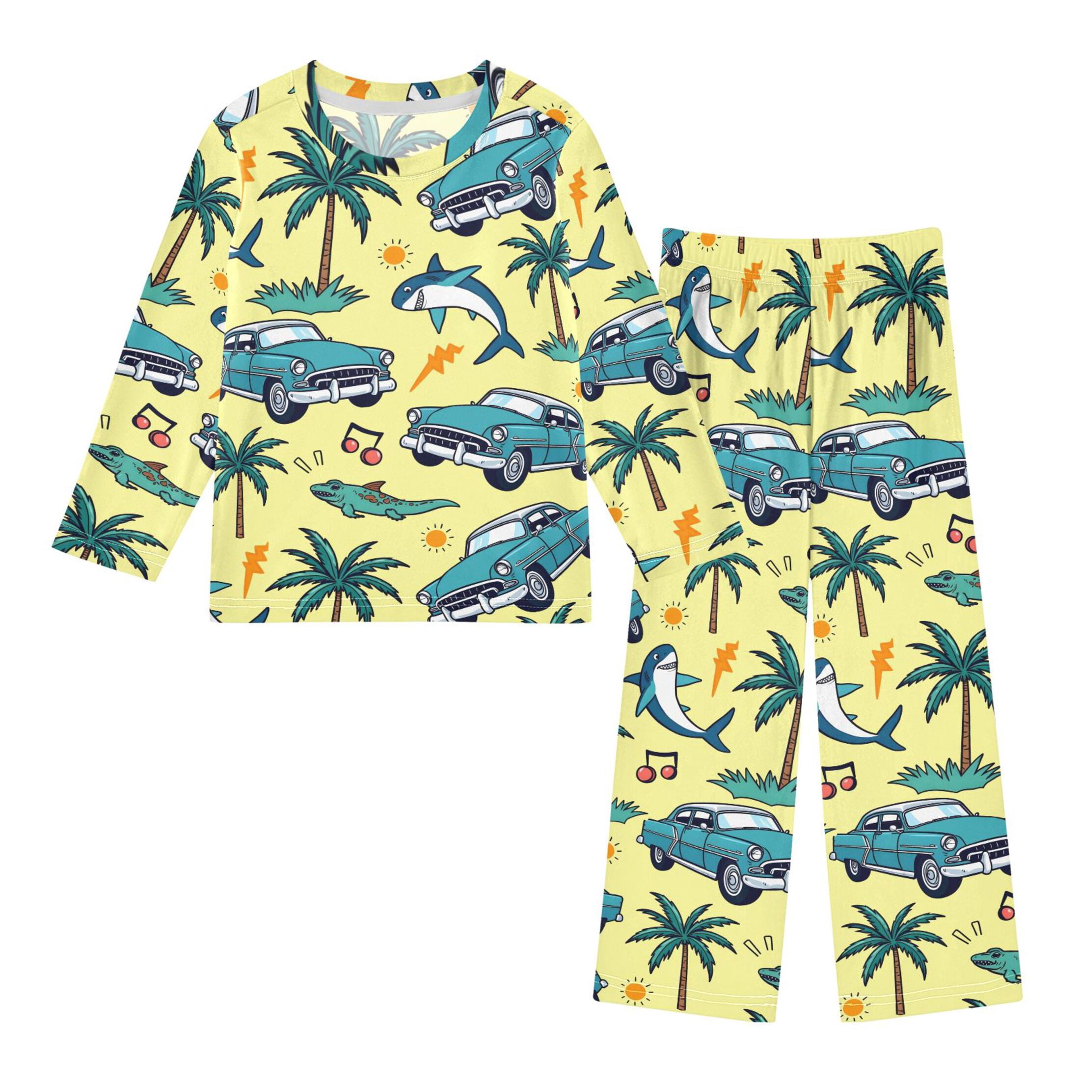 Autaum Patterns Shark Car Palm Pattern Pajama Set Soft Warm Cozy Fleece 2 Piece Fall ...
