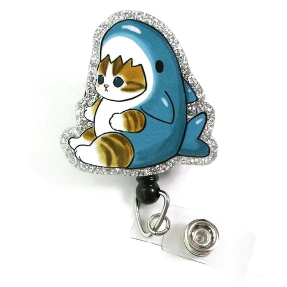 Shark Cat Badge Reel, Funny Kitten ID Clip, Cute Cat Lover Office or Animal Rescue Gift