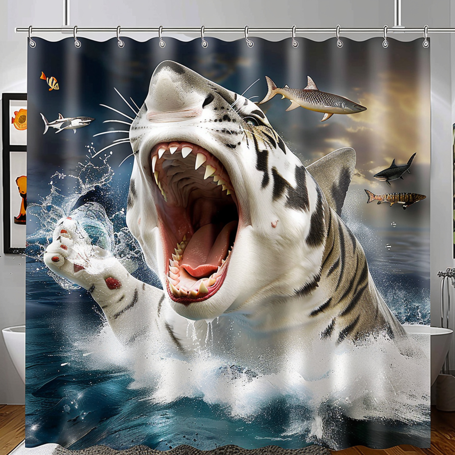 Shark Cat Bathroom Decor Shower Curtain White Tiger Fangs Fish Ocean Action Pose Hyperrealistic ...