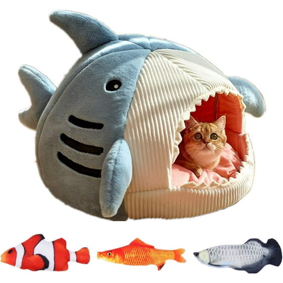 Shark Cat Bed Dog House Cat Bed Cave Pet Bed Cat Beds for Indoor Cats (L, Blue)