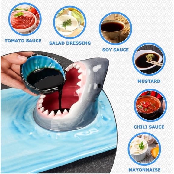Shark Charcuterie Board,Ceramic Shark Dip Serving Trays,Creative Design Seafood Themed Plate,For Sushi Plate,Dumpling Dish,3-in-1 Ceramic Serving Tray with Built-in Sauce Bowl & Chopstick Rest